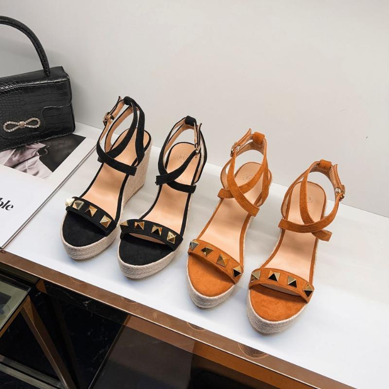 2025 Hot Sale New Spring and Summer Rivet Hemp Sole Wedge Heel Sandals Thin Belt Woven Platform High Heels Shoes for Women