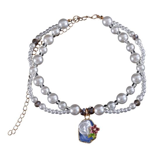 Faux Pearl Pet Collar for Dogs Cats Double-layer Beaded Necklace with Enamel Pendant for Pet Dress-up Jewelry Accessories