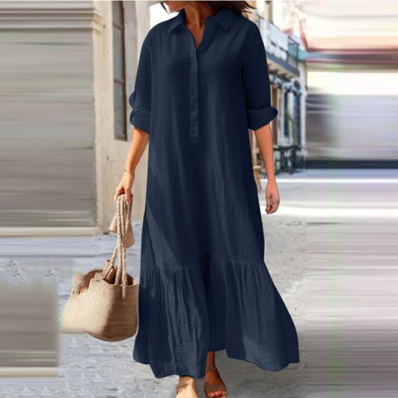 QICED Fashion Spring Autumn Solid Color Print Long Sleeve POLO Neck Casual Dresses