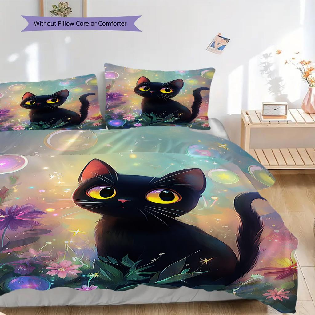 Black Cat Pattern Bedding Quilt Set Quilt Cover Pillowcase Home Decoration Birthday Gift (1 * Duvet Cover + 2 * Pillowcase, Without Core)