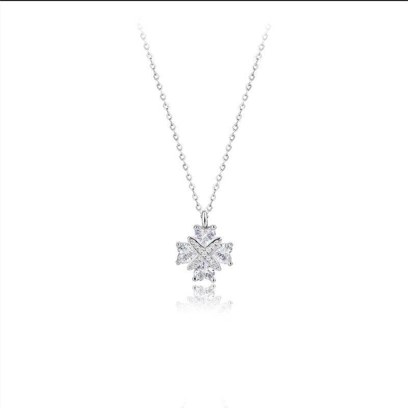 White Gold Heart & Four-Leaf Clover Necklace - Elegant Pendant Gift for Girlfriend
