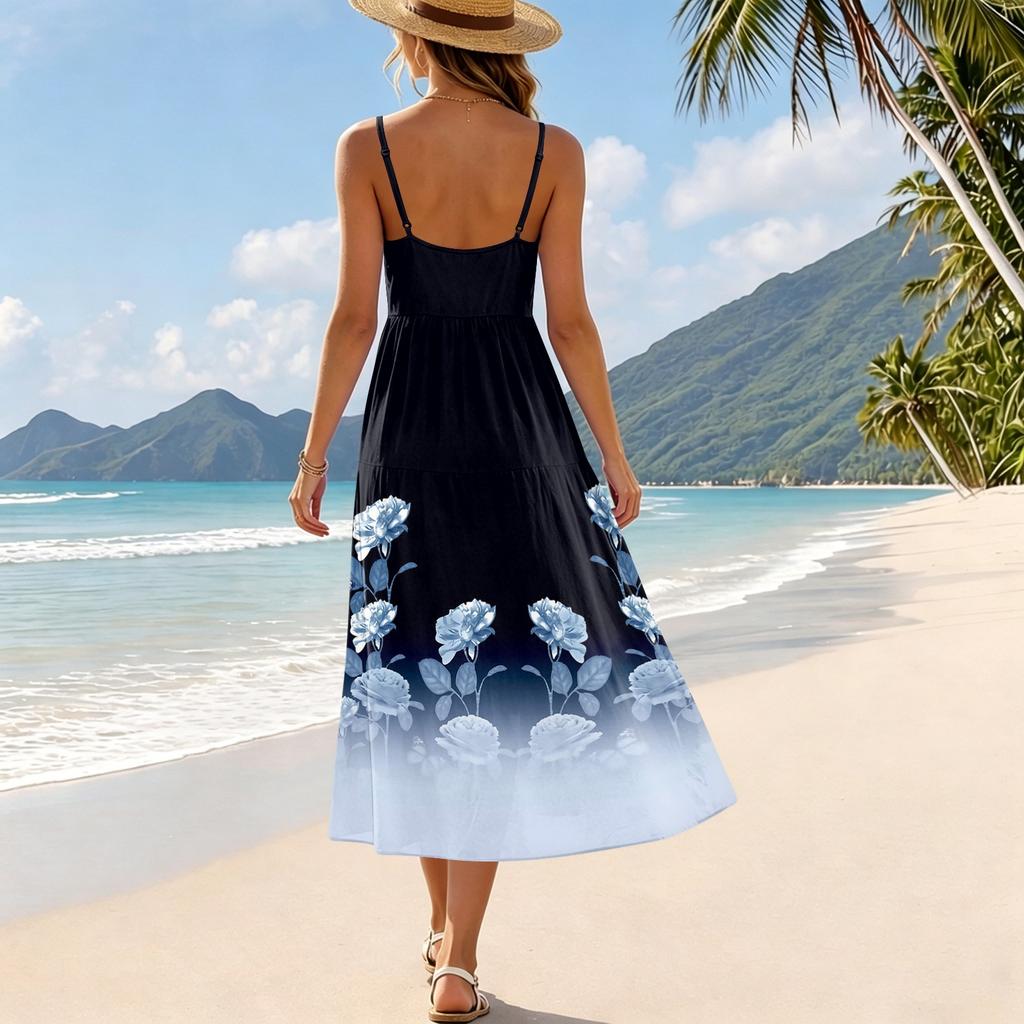 Women's Summer Floral Print Adjustable Strap Bohemian Casual Beach Holiday Midi Dress with Pockets for Relaxed Outings