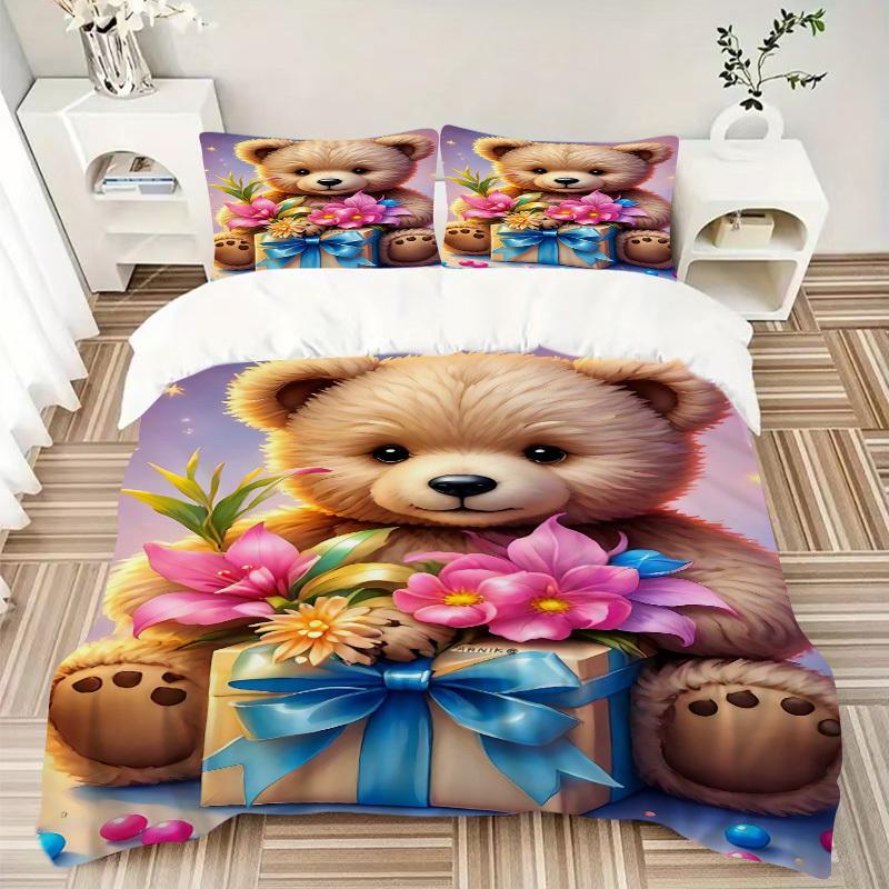 3pcs Anime Teddy Bear Bedding Set - Includes One Quilt Cover and Two Pillowcases (No Core) - Home Decor, Festival Gift, Polyester Fabric, Ca