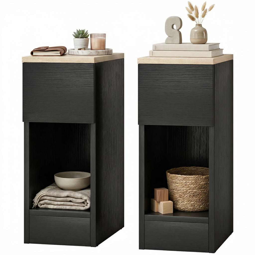 Set of Two Modern Storage Bedside Tables - Black