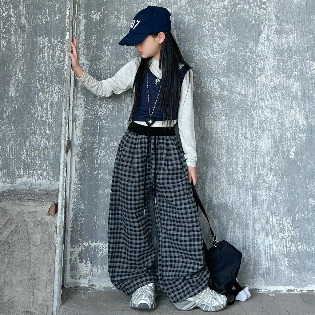 Girls' Spring/Autumn Plaid Wide-Leg Pants 2025 - Trendy Big Girls' Korean Scimitar Style