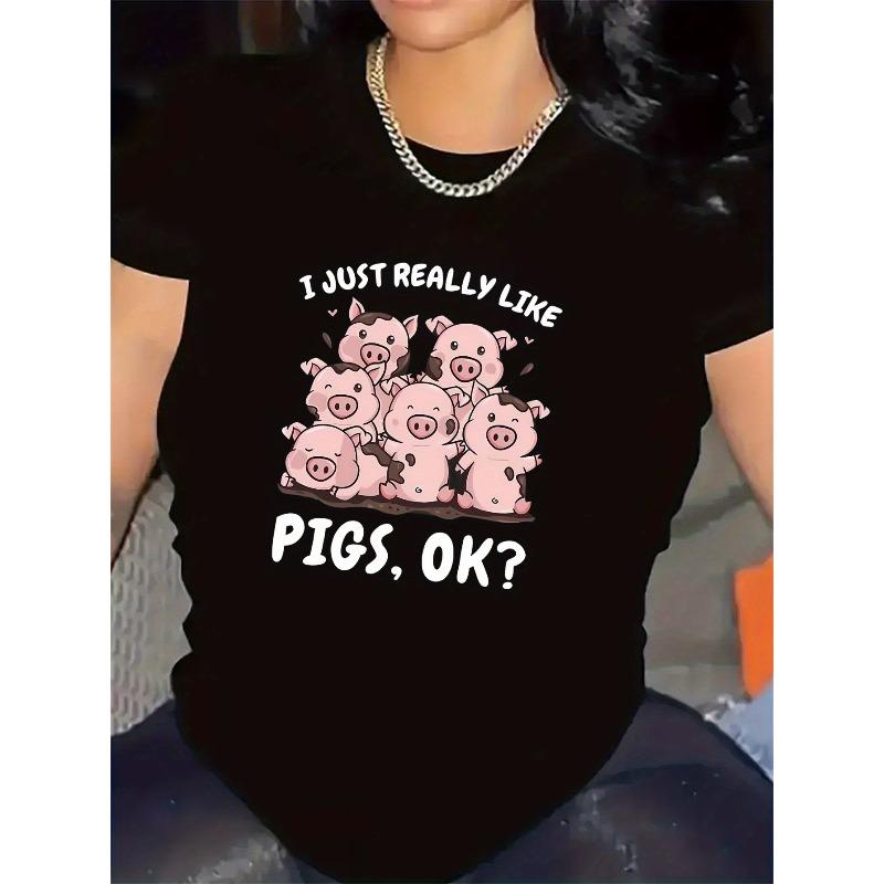 

Cute Pig Graphic Tee Casual Lightweight Short Sleeve Top For Animal Lovers Daily Wear S чёрный