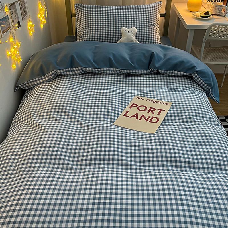 3/4piece Bedding Set Washed Cotton Simple Blue Grid Quilt Cover Sheet Human Bed Sheet Simple Style Bed Linen Bedclothes