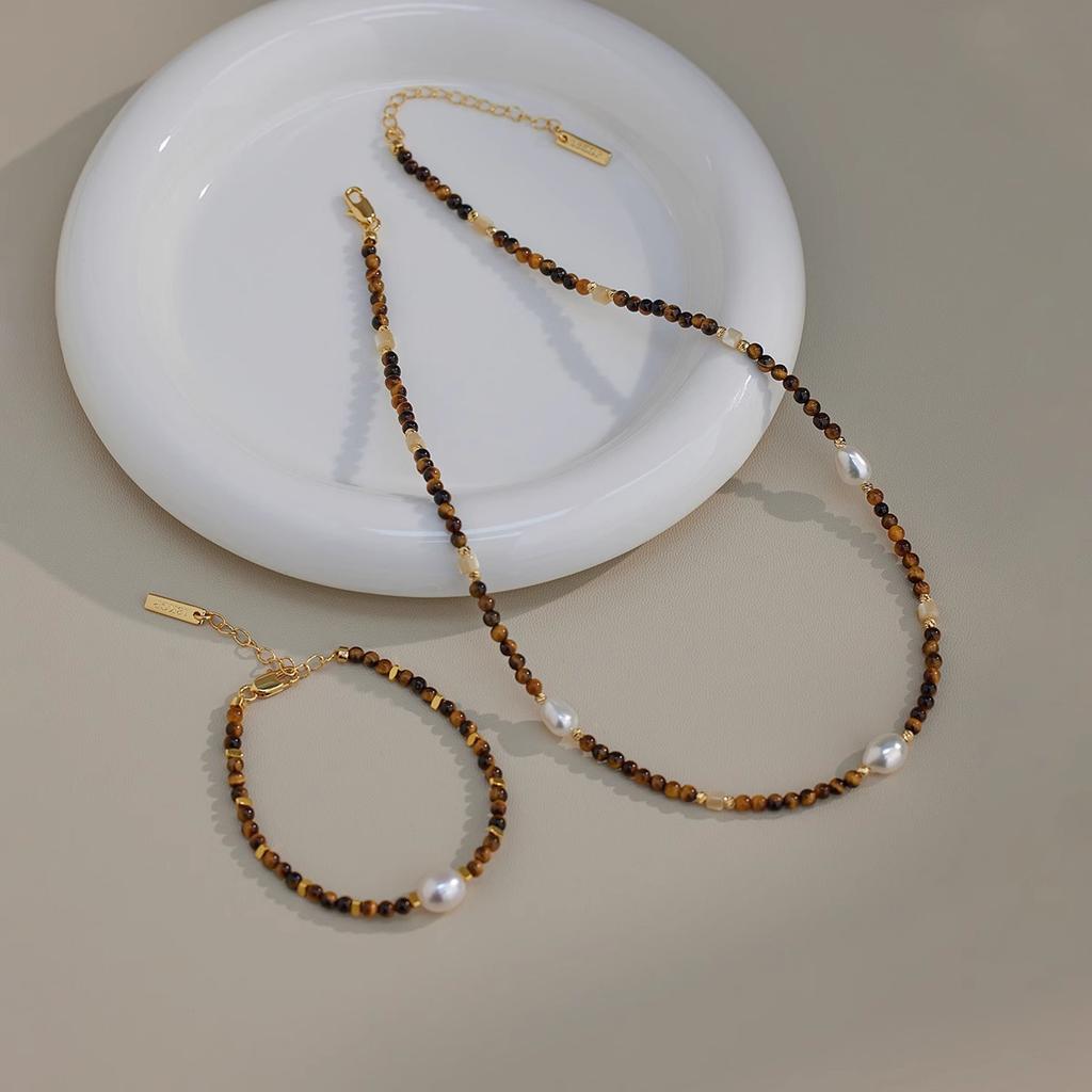 Maillard Tiger'S Eye Stone Freshwater Pearl Necklace Niche Design Necklace Bracelet Autumn And Winter Personality Fritillary Clavicle Chain Women