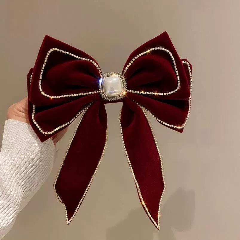 Velvet Rhinestone Pearl Bow Hair Clip – 2024 Korean Fashion, Elegant Spring Hair Accessory