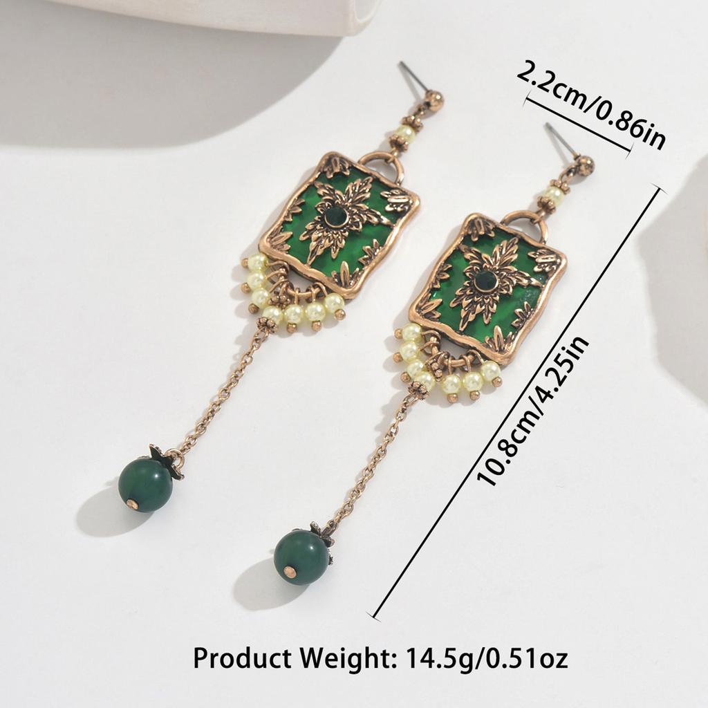Medieval Vintage Luofu Relief Pearl Long Earrings Retro Court Style Square Brand Heavy Industry Ear Jewelry