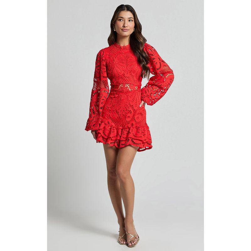 Cross-Border European and American Stand Collar Lantern Long Sleeve Waist Hugging Formal Dress Frill Hollow Water Soluble Lace Jumpsuit Skirt DRESS