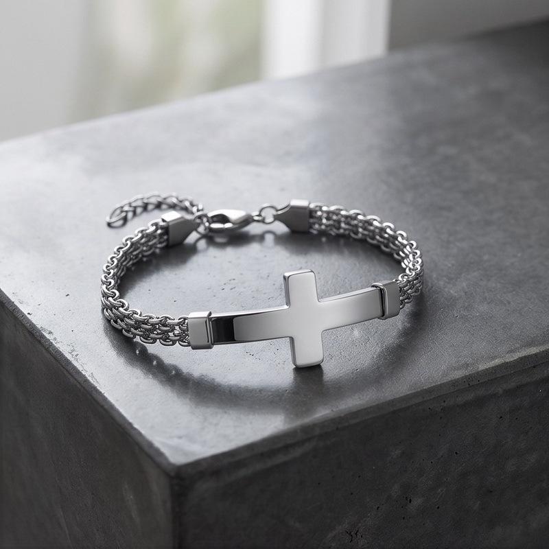 Personalized Stainless Steel Strap Bracelet Street Style Mesh Chain with Extended Chain Cross Bracelet Retro Men's Bracelet