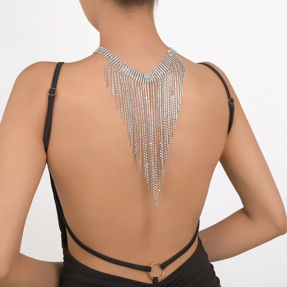 Korean Style Full Rhinestone Necklace Geometric Clavicle Chain Long Tassel Necklace  Wedding