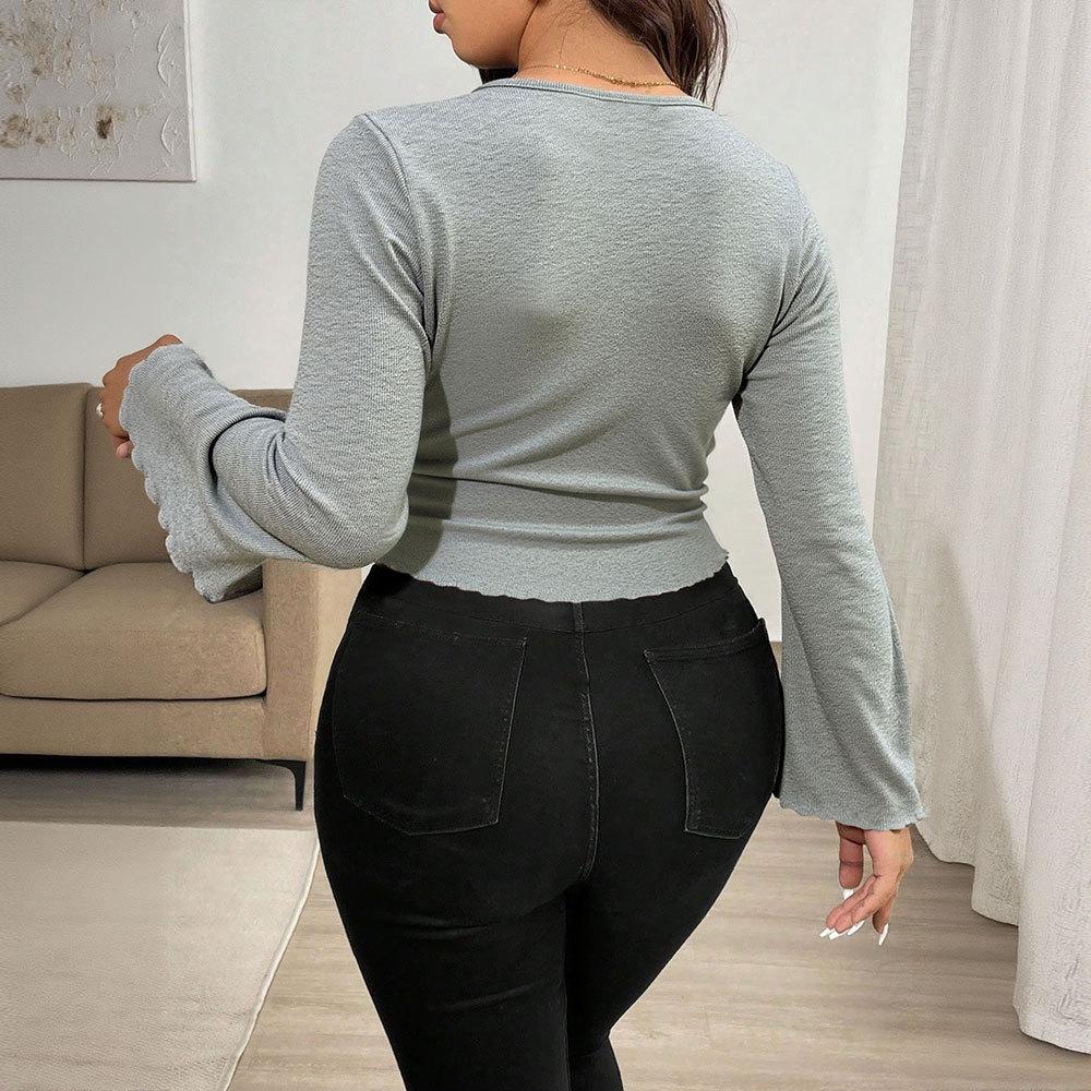 European and American women's T-shirt Sexy slim-fitting v-neck horn sleeve waist irregular knitted long-sleeved T-shirt