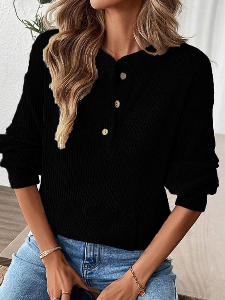 2025 Autumn/Winter Women's Solid Color Button Loose Long Sleeve T-Shirt