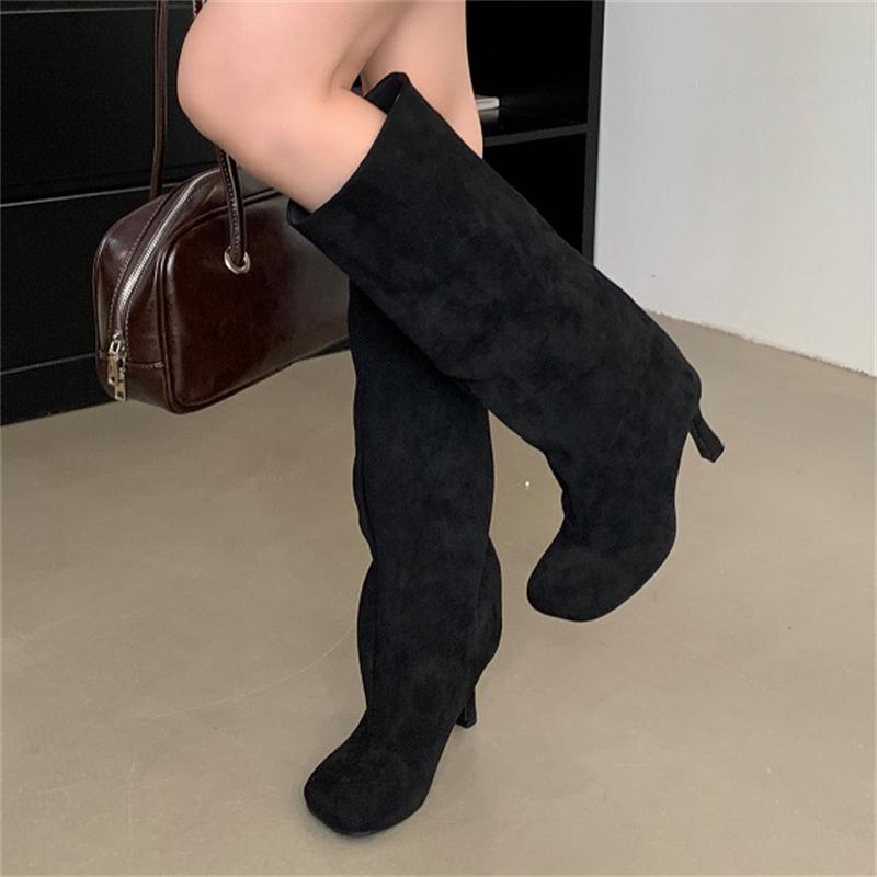 Aneikeh Winter Street Style Runde Zehen Kniehohe Damenstiefel Punk Dünne High Heels Schuhe Weibliche Lange Booties