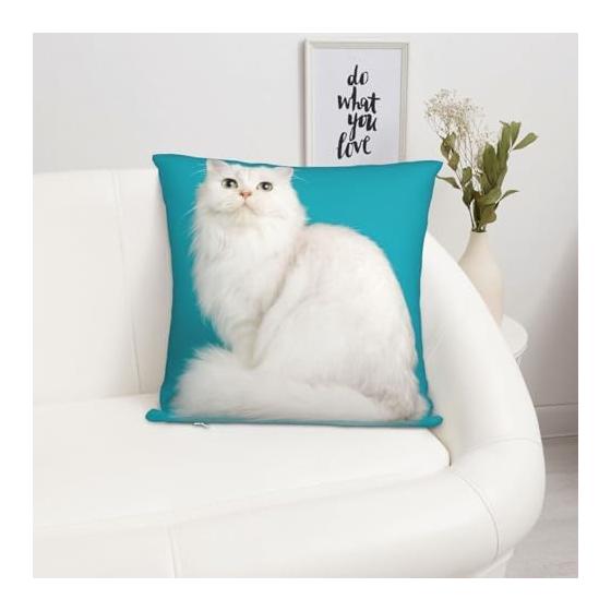 Cushion Cover 45 X 45cm Body Pillow Cover Long Hair White Cat Blue Cute Persian Cat Soft Cute Stylish Sofa Backrest Room Miscellaneous Home Use