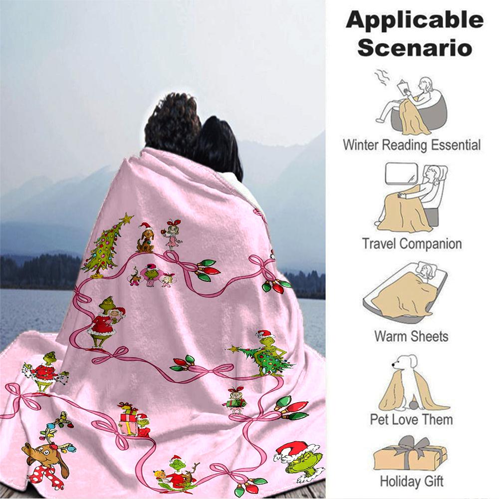 Christmas Grinch Lights Pink Blanket Soft Throw Blanket For Home Bedroom Bed Sofa Travel Office Solid Christmas Blanket