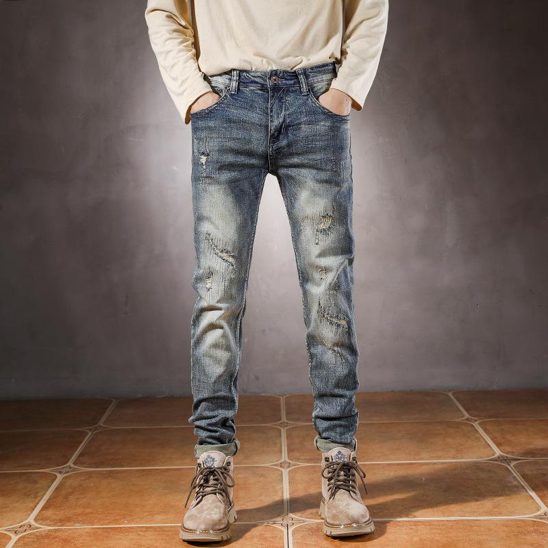 

2024 Осень и зима Новые мужские джинсы Slim Fit Small Feet Ретро рваные длинные брюки Модные повседневные брюки Ностальгические 38