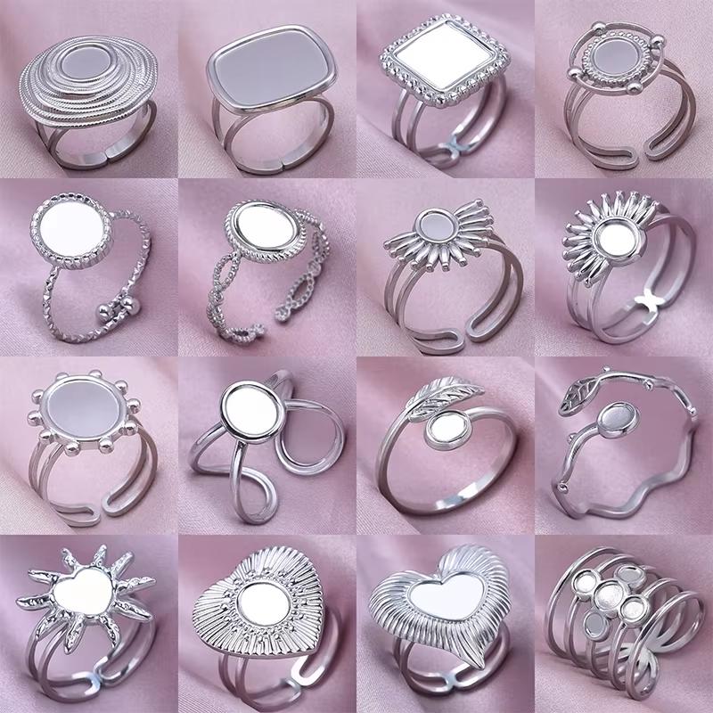 1Pcs Open Adjustable Stainless Steel Heart Sun Leaf Rings Diy Cabochons Silver/Gold Ring For Women Men Handmade Supplies