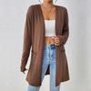 Solid Color Double Pocket Open Front Cardigan, Elegant Long Sleeve Knee Length Cardigan For Fall