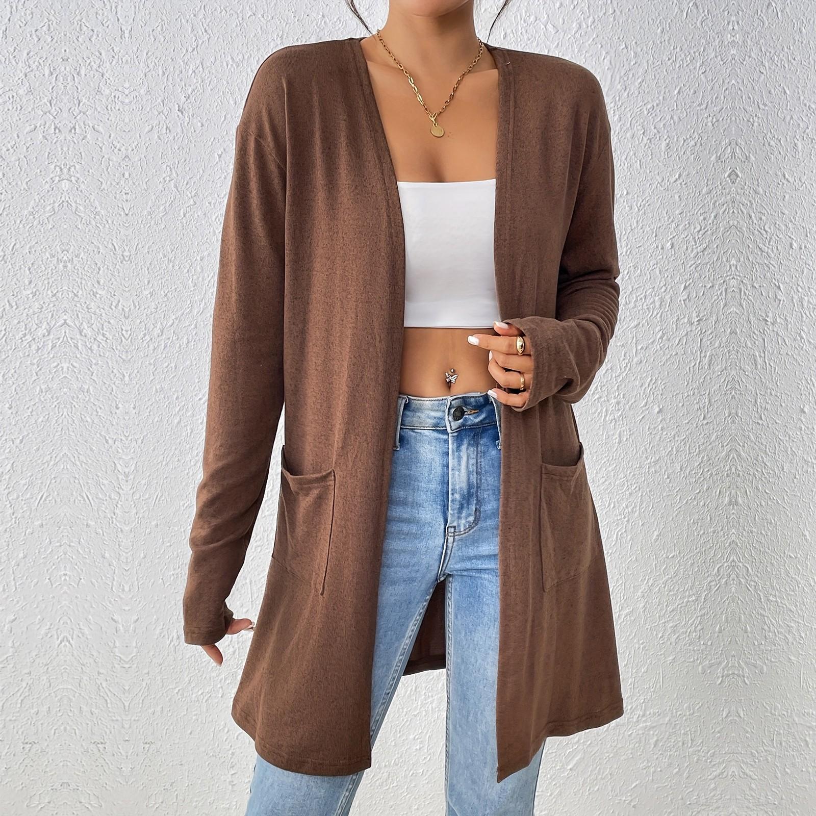 

Однотонный кардиган с открытой передней частью и двойными карманами, элегантный кардиган с длинным рукавом длиной до колена для осени S коричневый