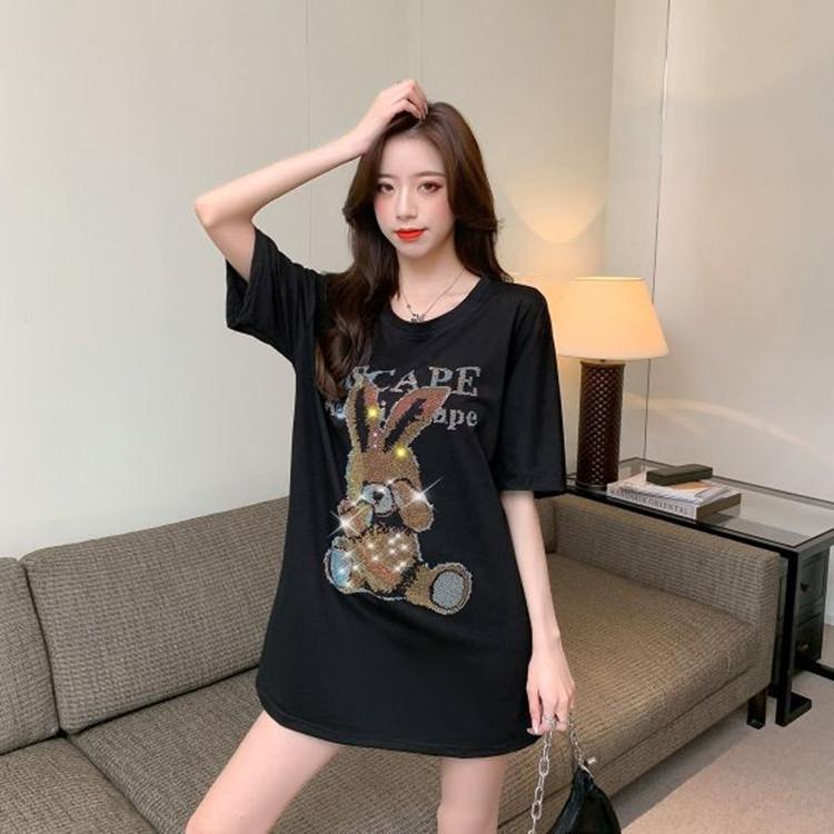 Heavy Industry Cartoon Rabbit Ironing Diamond Short Sleeve Large T-shirt Summer Medium-Length Loose Top for Women