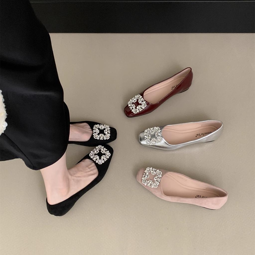 French Square Head Rhinestone Shallow Mouth Single Shoes Women's 2025 New Spring and Autumn Beanie Shoes Flat Laden Shoes Mary Jane Evening Shoes