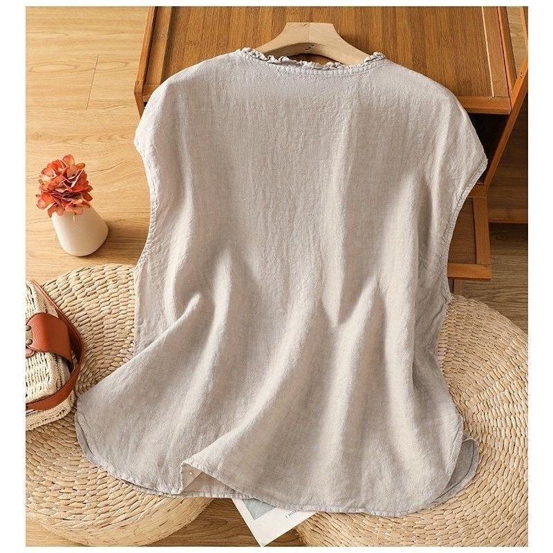 Women Navy Blue Cotton Linen Floral Embroidered Sleeveless Button Blouse With Ruffle Neck Summer Casual Top