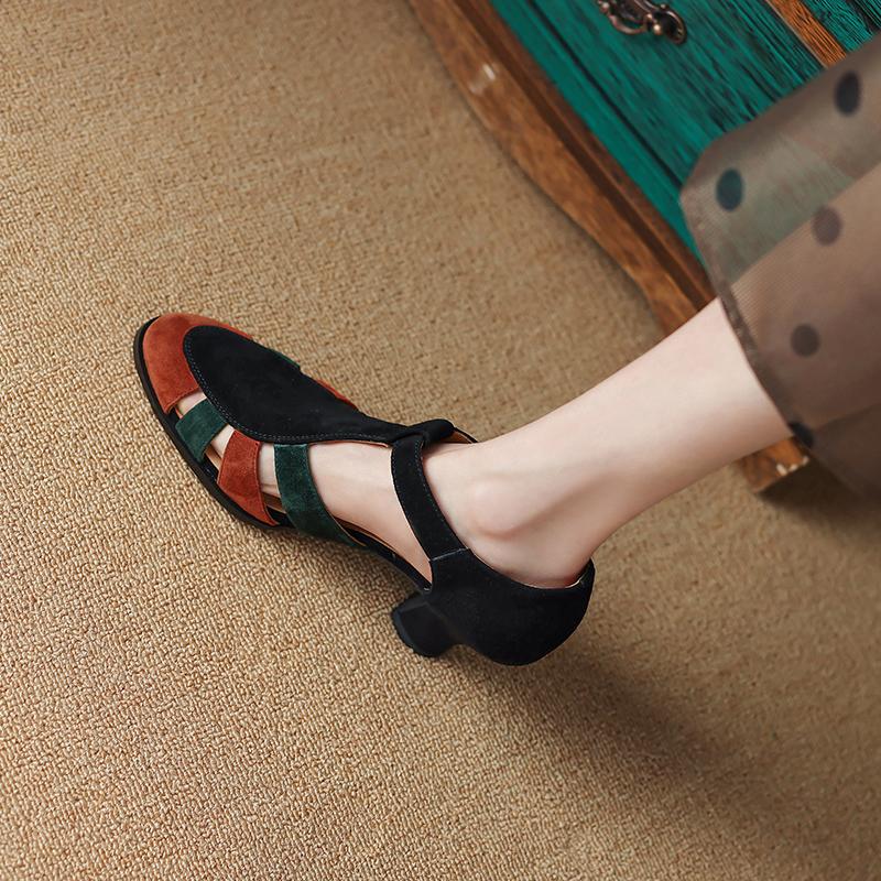 Fashion 2025 Summer Women Shoes Sheep Suede Chunky Heel Women Sandals Genuine Leather Shoes for Women Sandals Retro High Heel Roman Shoe