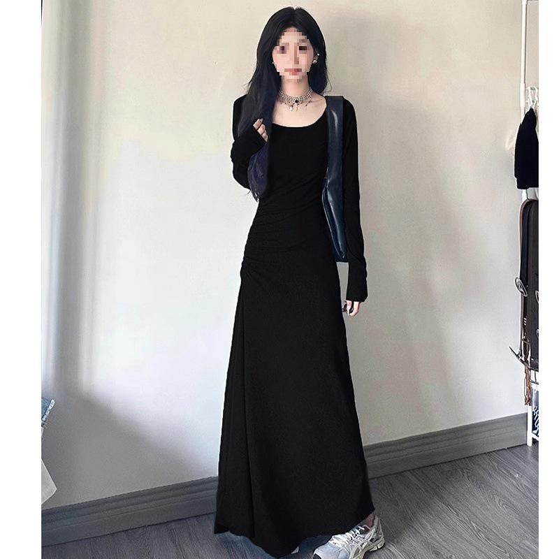 

Spring Style Women s Pleated A-line Dress, Round Neck, Slim Fit, Waist Tailored, Versatile Long Design L чёрный