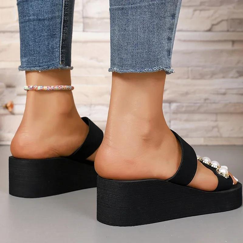 Luxury Pearls Women's Wedge Slippers Summer 2025 Chunky Platform Slip On Sandals Women Beach Casual Heels Slides Flip Flops 42