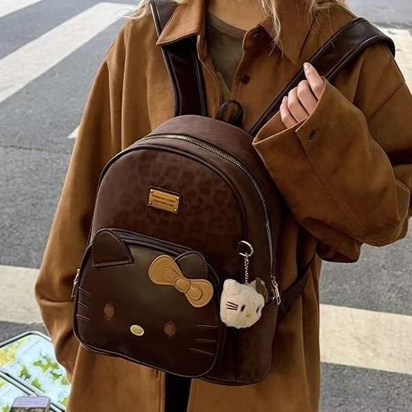 Vintage Leopard Print Hello Kitty Backpack for Women, PU Student School Bag, Cute Cartoon Shoulder Handbag, Large Capacity Fashion Backpack