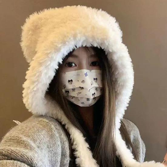 Women Hat Bear Shape Solid Color Winter Knitted Hat with Lace-up Cold Weather Thick Warm Plush Headwear