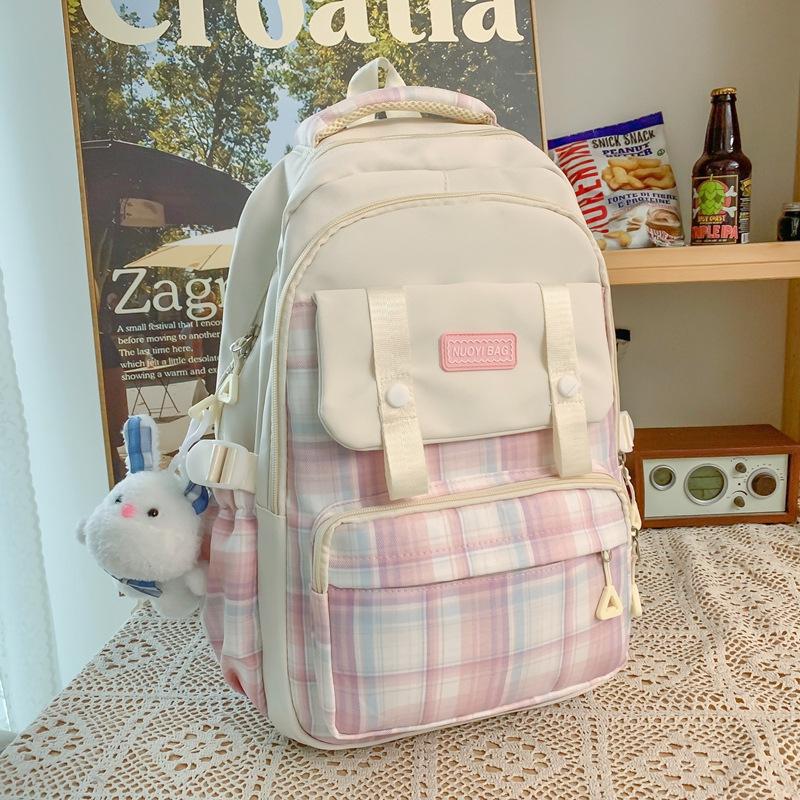 Schoolbag New College Style Women's Plaid Contrast Color Large Capacity Backpack Junior High School Students Elementary School Students Two-piece