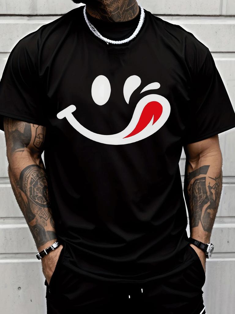 Unisex White Summer Tee Wink Smile Red Tongue Print Loose Oversized Streetwear Daily Casual Crew Neck Unisexs Short Sleeve Basic Top