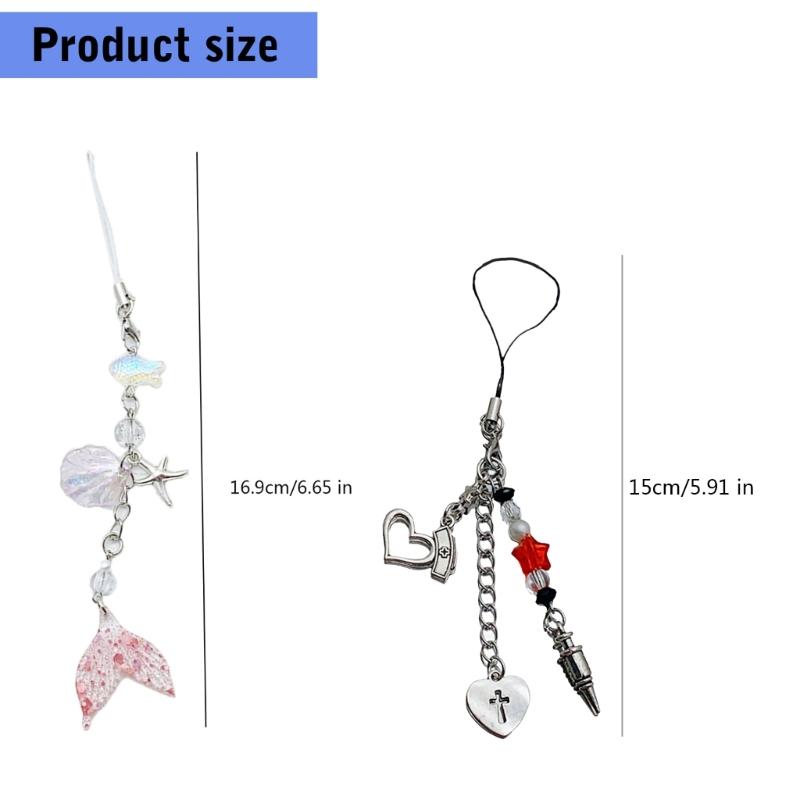 Shell Fish Tail/Bass/Heart Needle Keyring Phone Charm Detachable Phone Lanyard Beaded Keychain Jewelry for Wallet