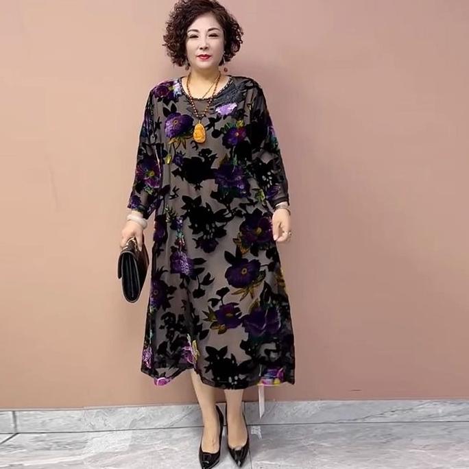 High-end Women's golden Velvet Dress Long Plus-Size Silk Dress Loose Floral A-Line Dress Spring Autumn