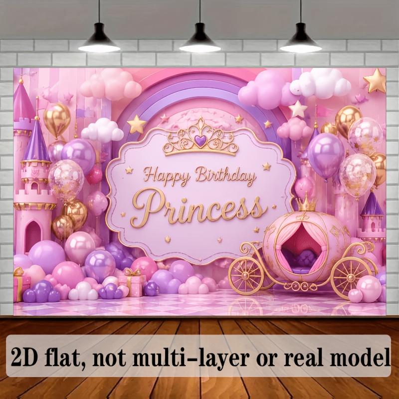 2D plane Princess birthday background fabric, combined with pink castle, pumpkin carriage and various balloons