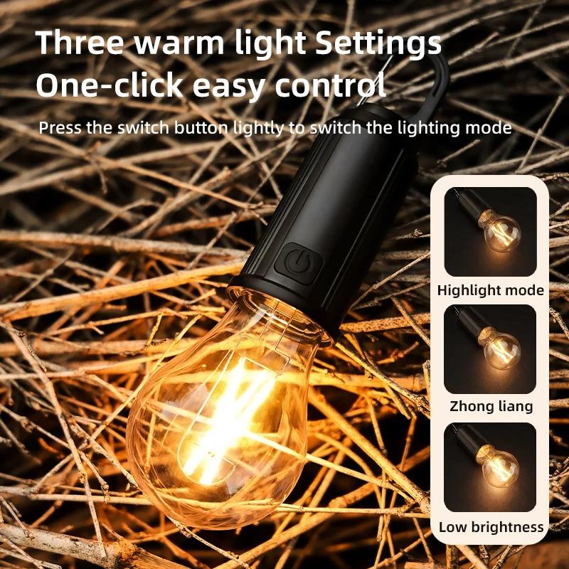 Outdoor Solar Camping Lights Decorative Light Bulbs Charging With Hook Retro Tent Lights Atmosphere Lights for Campsites Tungste