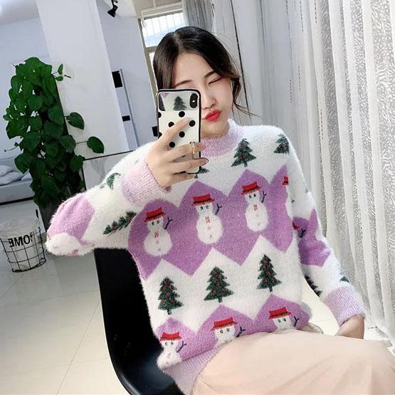 Female Large Size Vintage Loose Print Sweaters Women's Autumn and Winter Sweet Style Knitted Pullover Tops