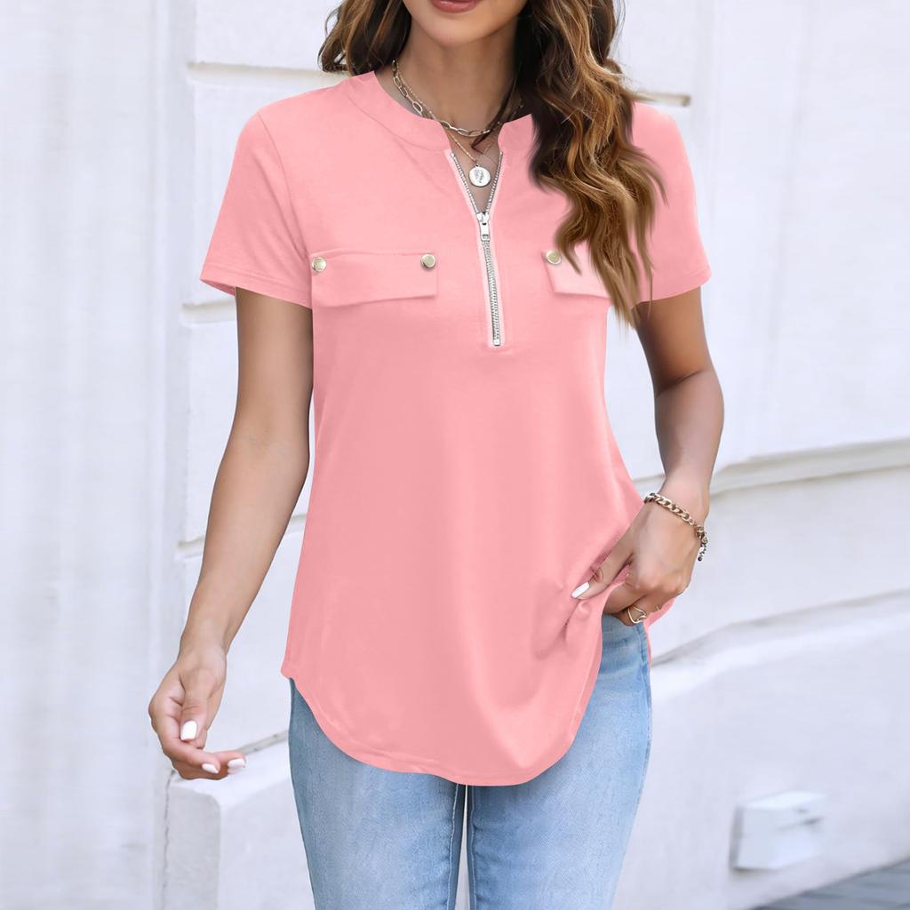 Women's Casual Short Sleeve Top with Fashion Collar Zipper Front and Decorative Faux Pockets Lightweight Breathable Shirt