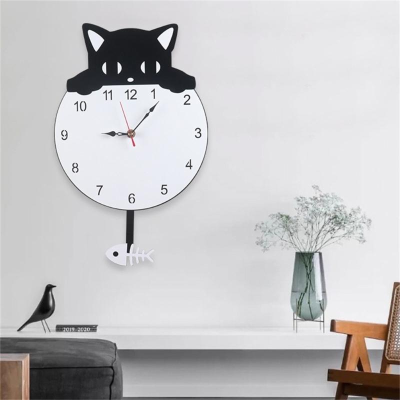 Quiet Movement Acrylic Pendulum Wall Clock with Funny Cats Fish Design Arabic Numerals for Living Room Bedroom Decors