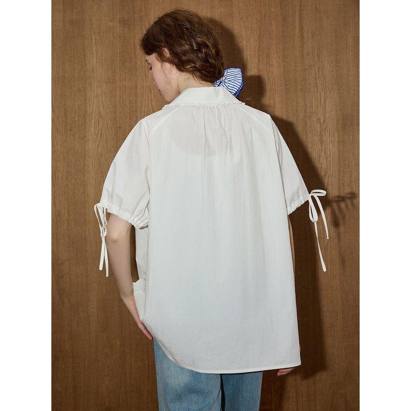 Coolhut Japanese Style Doll Collar Loose Puff Sleeve Embroidered Cuff Shirt Women's 2025 Summer Short-Sleeved Shirt