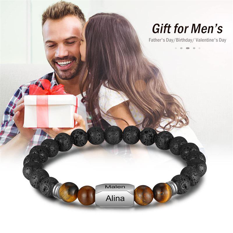 Engraved Stainless Steel & Tiger Eye Volcanic Stone Custom Name Bracelet, 8mm