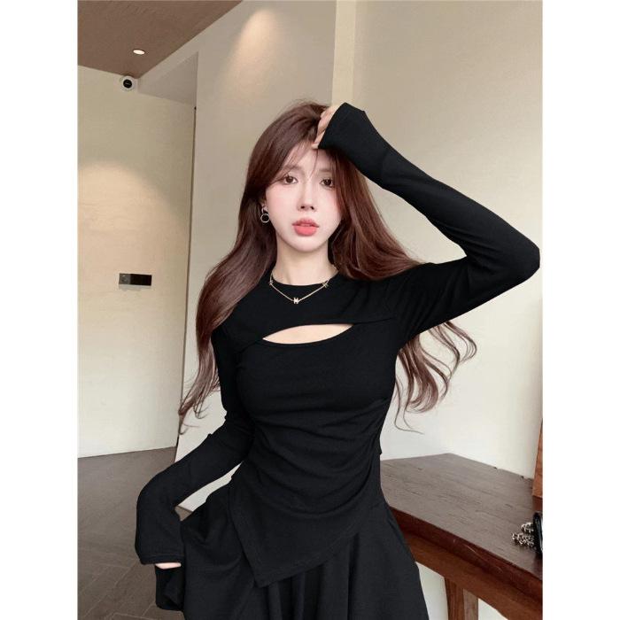 

French design sense niche round neck hollow machine top high waist Spice girl short skirt pants two-piece suit women s spring and summer S чёрный