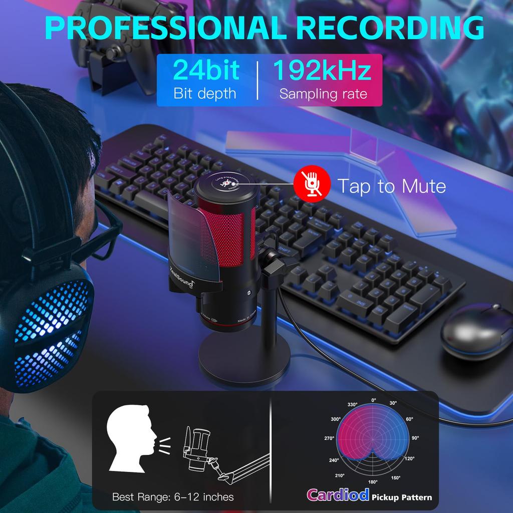 Zealsound USB Gaming Microphone Phone Microphone, Condenser Microphone with Mute Button, Cardioid Polar Pattern, RGB Lighting, Plug & Play, for PC,