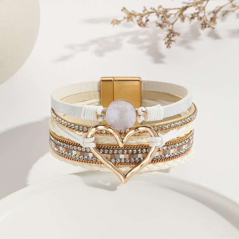 Boho Layered Leather Wrap Bracelet With Natural Stone Heart Charm Women
