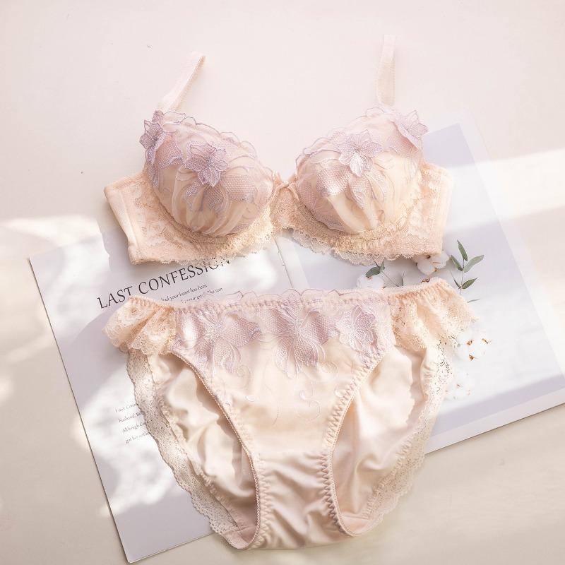 Set Reggiseno con Ricamo in Pizzo Stile Dolce Giapponese Coppa Sottile Confortevole Raccoglitore Push Up Biancheria Intima per Ragazze
