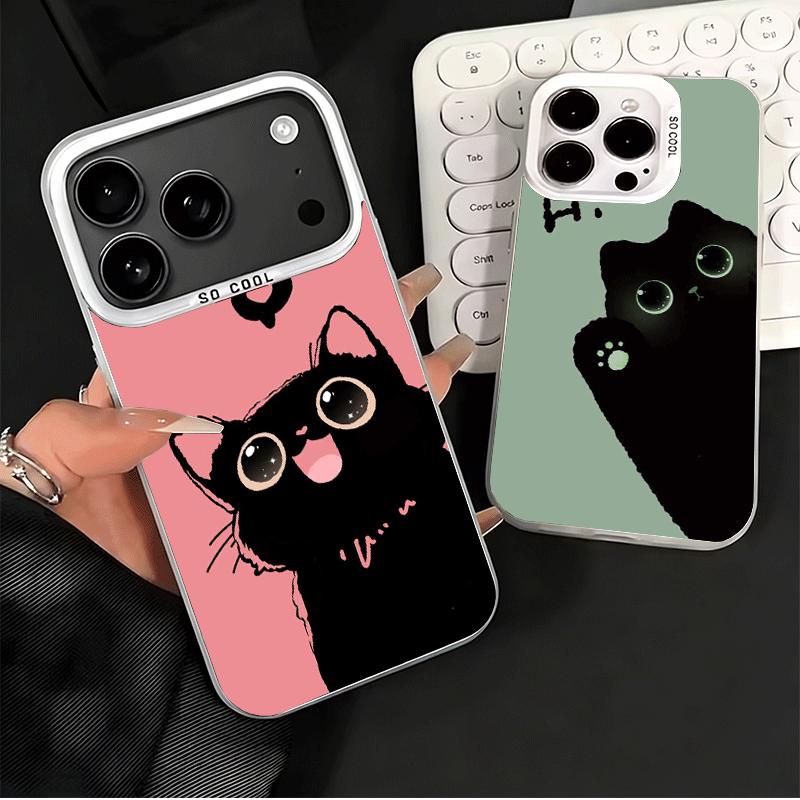 Schwarze Katze Cartoon Niedlich Stoßfest Handyhülle für iPhone 17 Air 16 16E 15 Pro Max 14 Plus 13 Mini 12 Rückseite Anti-Fall Fundas